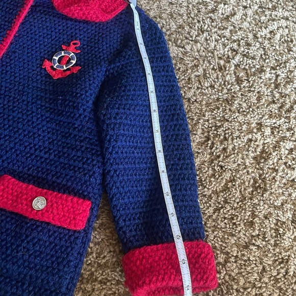 Unique Vintage Girls heavy navy & red hand knitted sweater/coat. Sz 3/4? - Picture 12 of 14